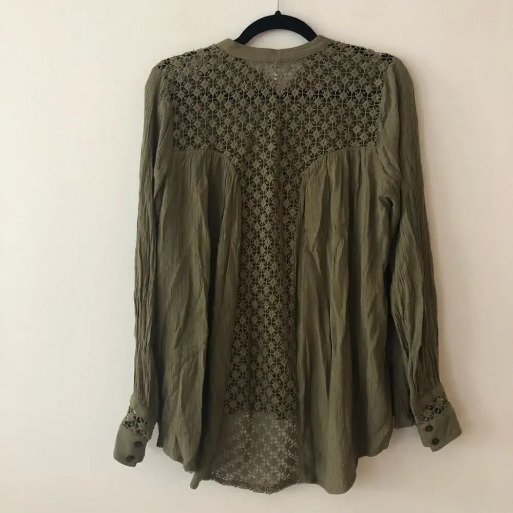 Free People The Best Crochet Back Olive Green Button Up Blouse
